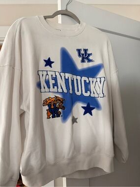 Mens White Crewneck Sweater with Blue Graphic
